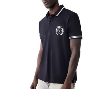 True Religion Buddha Logo Polo Shirt Mens L Black White Short Sleeve Embroidered